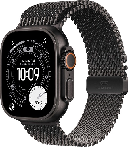 Apple Watch Ultra 3 49 мм, корпус из черного титана, ремешок Milanese черного цвета, размер L